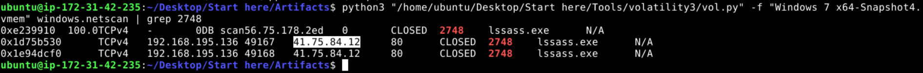 Volatility3 windows.netscan output filtered for PID 2748, showing two CLOSED TCP connections from 192.168.195.136 to 41.75.84.12 on port 80.